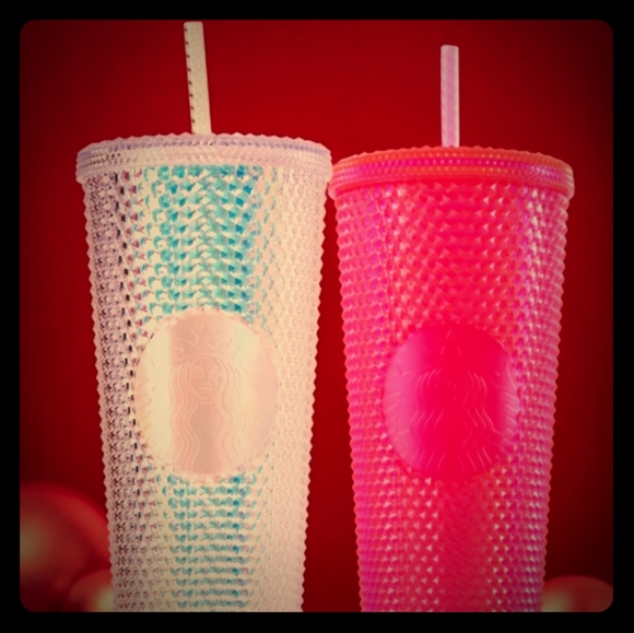 Pink and white studded Starbucks Cups